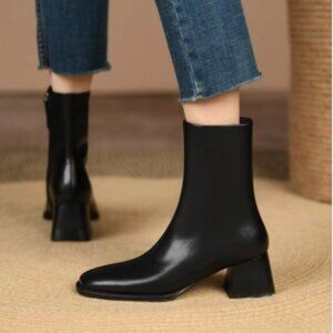Fashionable Chunky Heel Side Pull Boots Leather Mid Heel Pointed Toe Non-Slip